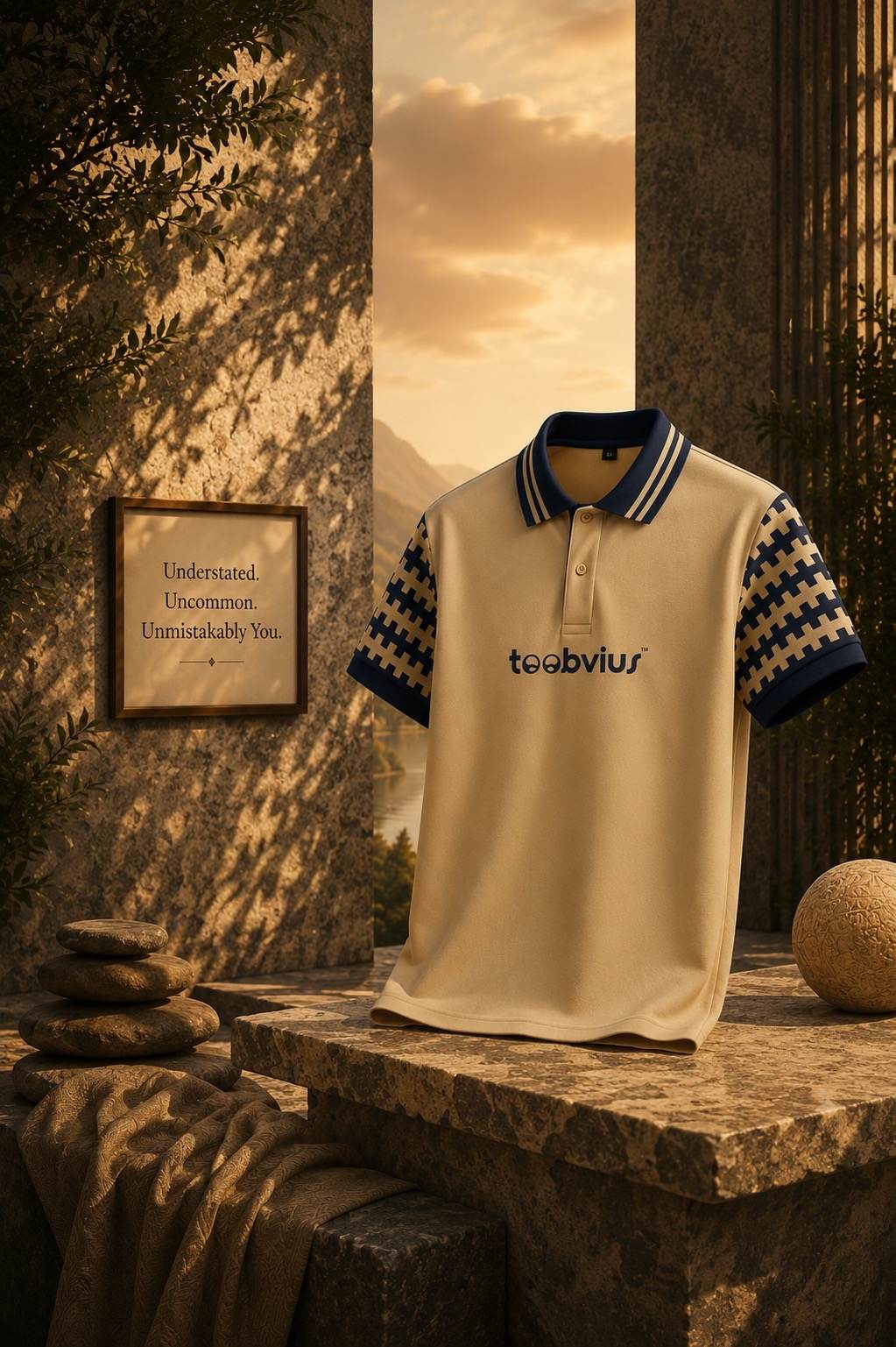 Toobvius Sandstone Polo - Premium Beige Polo T-Shirt for Men Toobvius Sandstone Polo premium beige polo t-shirt for men with navy contrast sleeves