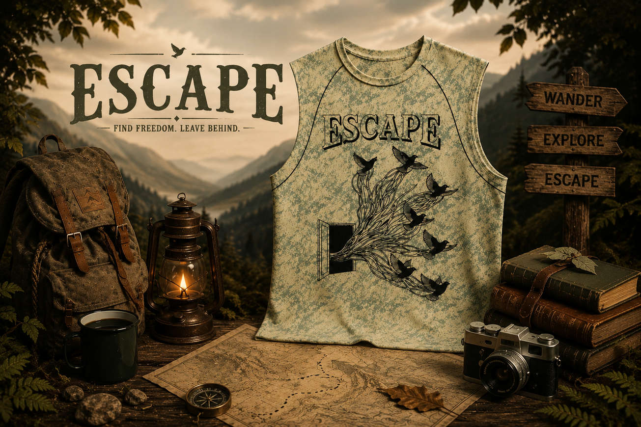 Toobvius Escape Tank top for men with birds graphic and adventure-inspired design