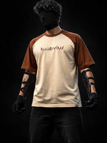 Noise Meets Structured Equalizer reglan oversized t-shirt front view with beat-inspired equalizer grid logo in brown on beige body