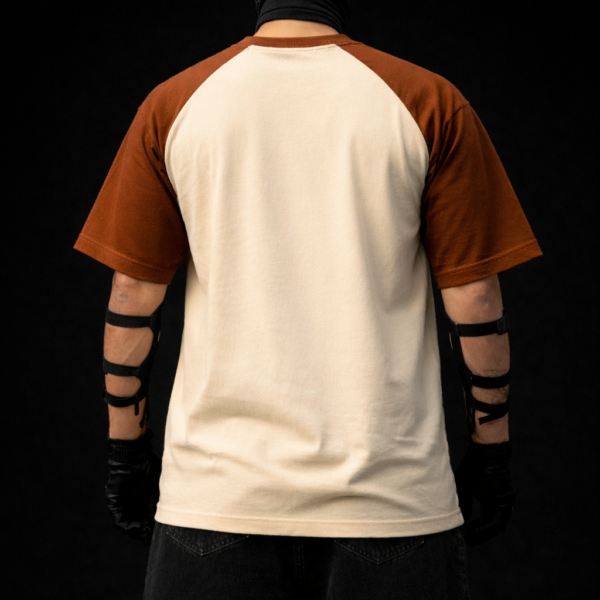 Noise Meets Structured Equalizer reglan oversized t-shirt back view in beige and brown minimal oversized streetwear design