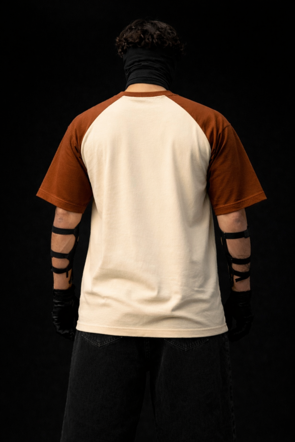 Noise Meets Structured Equalizer reglan oversized t-shirt back view in beige and brown minimal oversized streetwear design