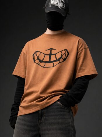 Brown oversized t-shirt front view with minimal black chest graphic