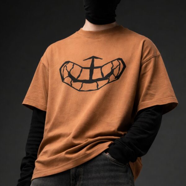 Brown oversized t-shirt front view with minimal black chest graphic