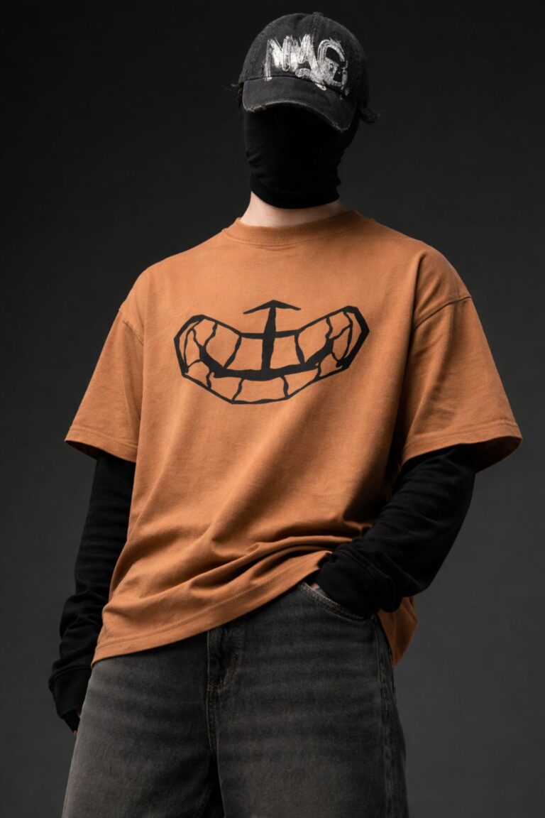 Brown oversized t-shirt front view with minimal black chest graphic
