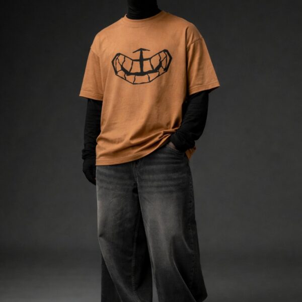 Brown oversized graphic t-shirt front bold black artwork