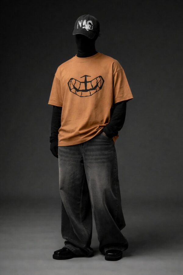 Brown oversized graphic t-shirt front bold black artwork