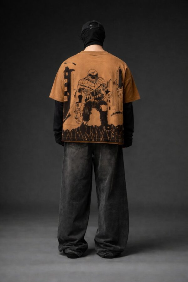 Brown oversized graphic t-shirt back view with bold black artwork