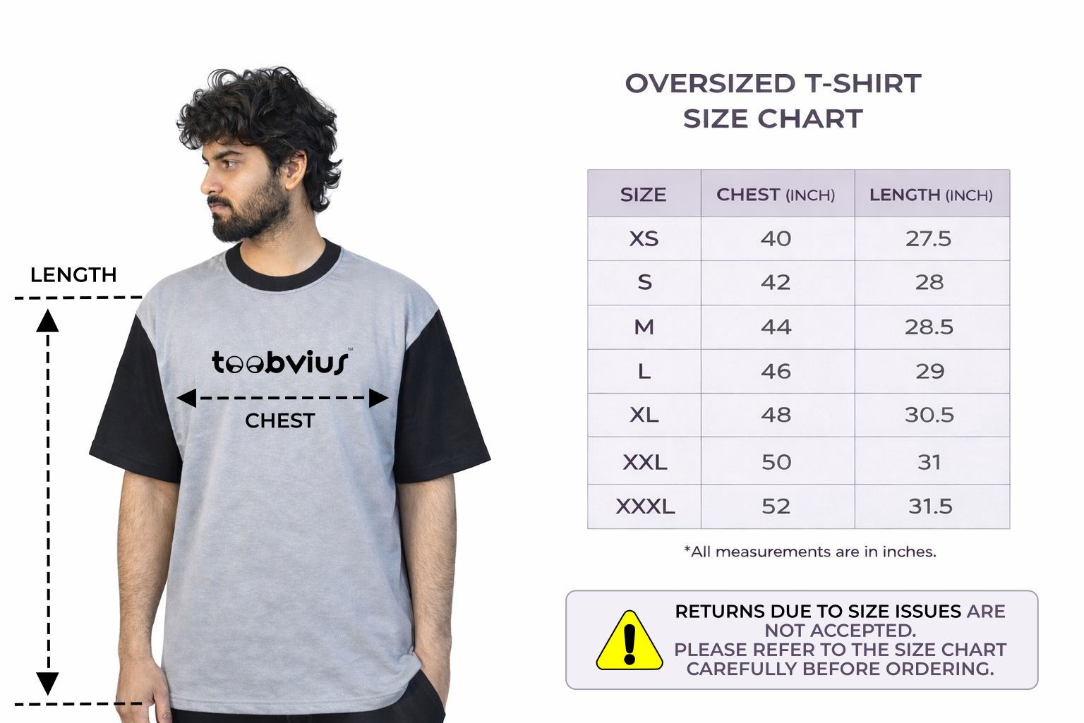 Oversized t-shirt size chart showing chest and length measurements in inches – Toobvius