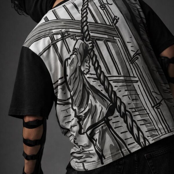 Rope Burn: Friction oversized t-shirt back design close shot inspired by rope friction heat.
