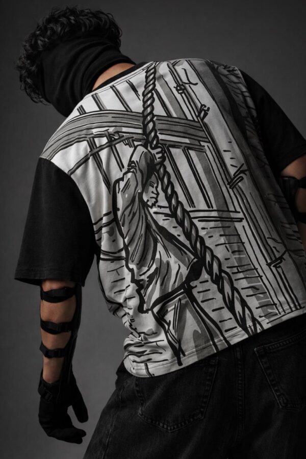 Rope Burn: Friction oversized t-shirt back design close shot inspired by rope friction heat.