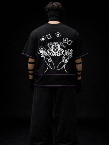 Black oversized t-shirt back design with joker graphic and playing cards, Prince of Chaos streetwear by Toobvius