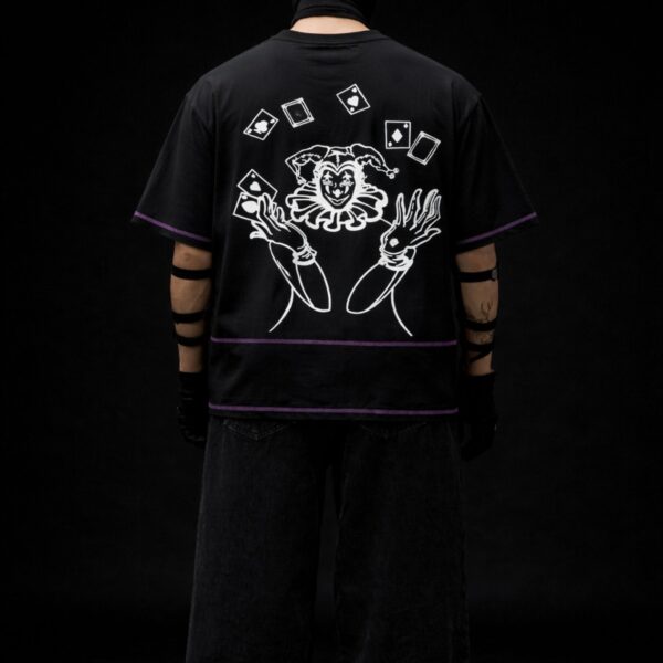 Black oversized t-shirt back design with joker graphic and playing cards, Prince of Chaos streetwear by Toobvius