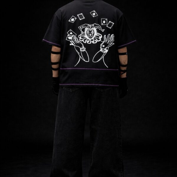 Black oversized t-shirt back design with joker graphic and playing cards, Prince of Chaos streetwear by Toobvius